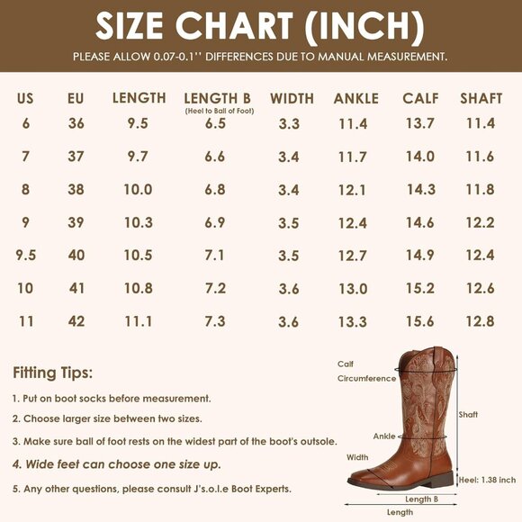 J's.o.l.e Women Brown Cowboy Boots Square Toe Western Cowgirl Fashion Botte Cow - Picture 6 of 8